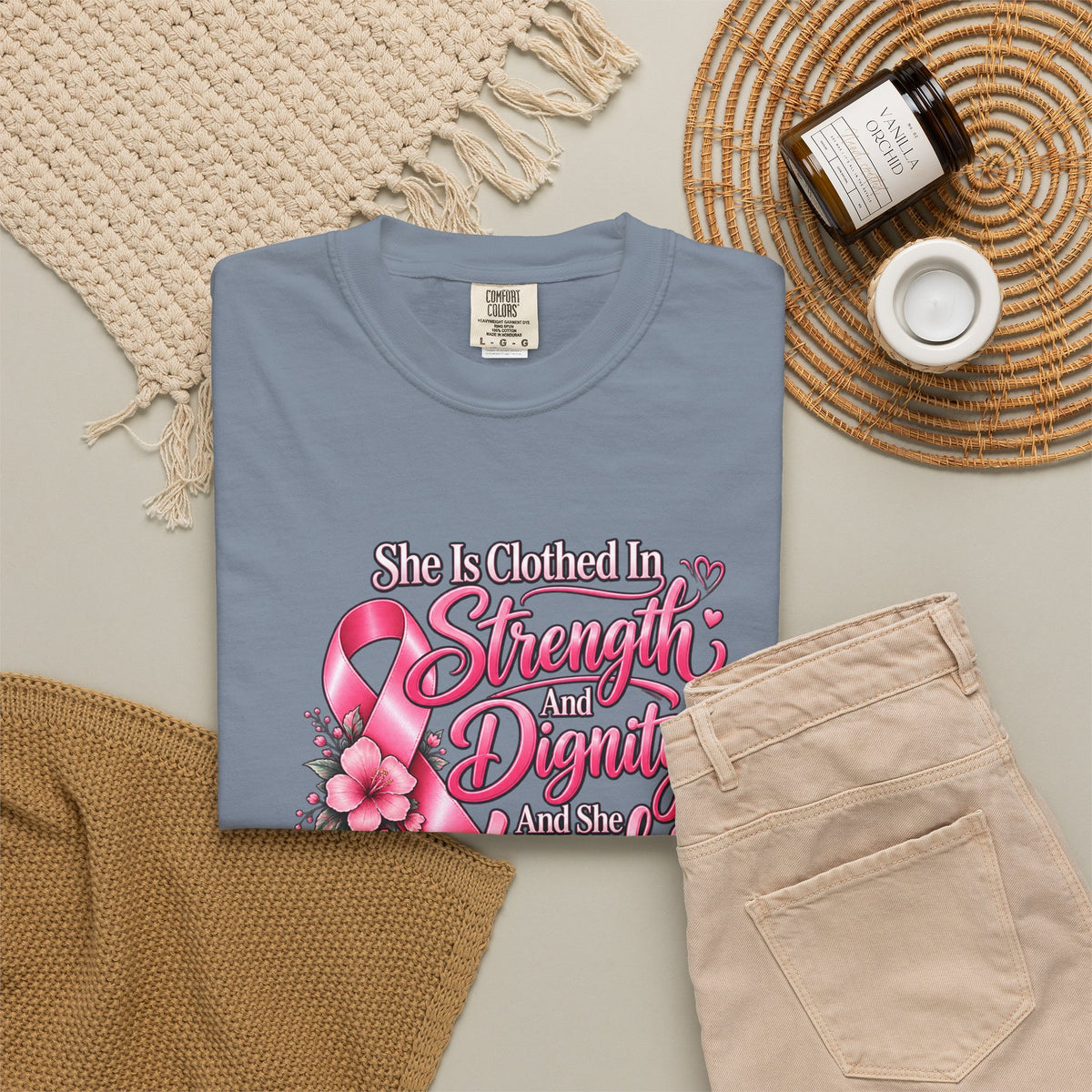 Breast Cancer Awareness T-Shirt — "She is Clothed in Strength" Pink Ribbon Tee