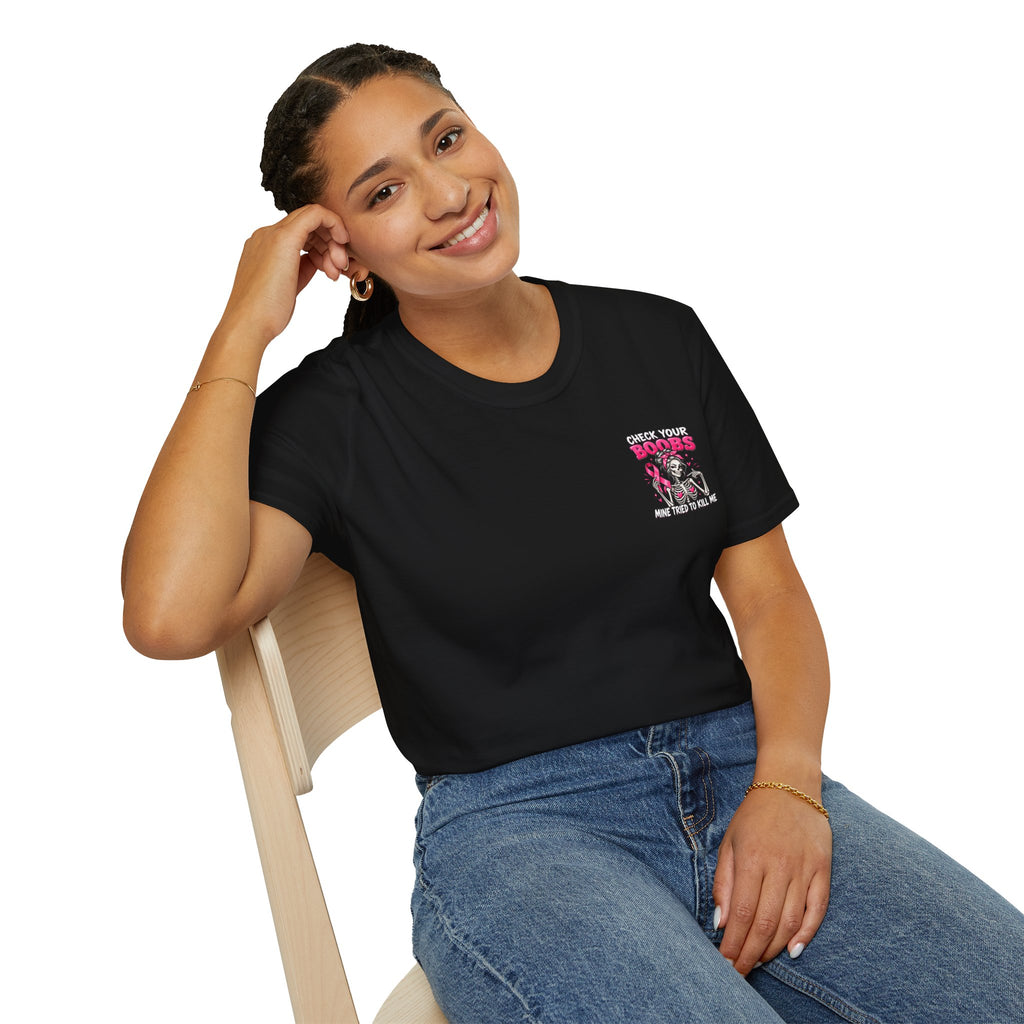 Breast Cancer Awareness T-Shirt — “Check Your Boobs, Mine Tried to Kill Me” Graphic Tee