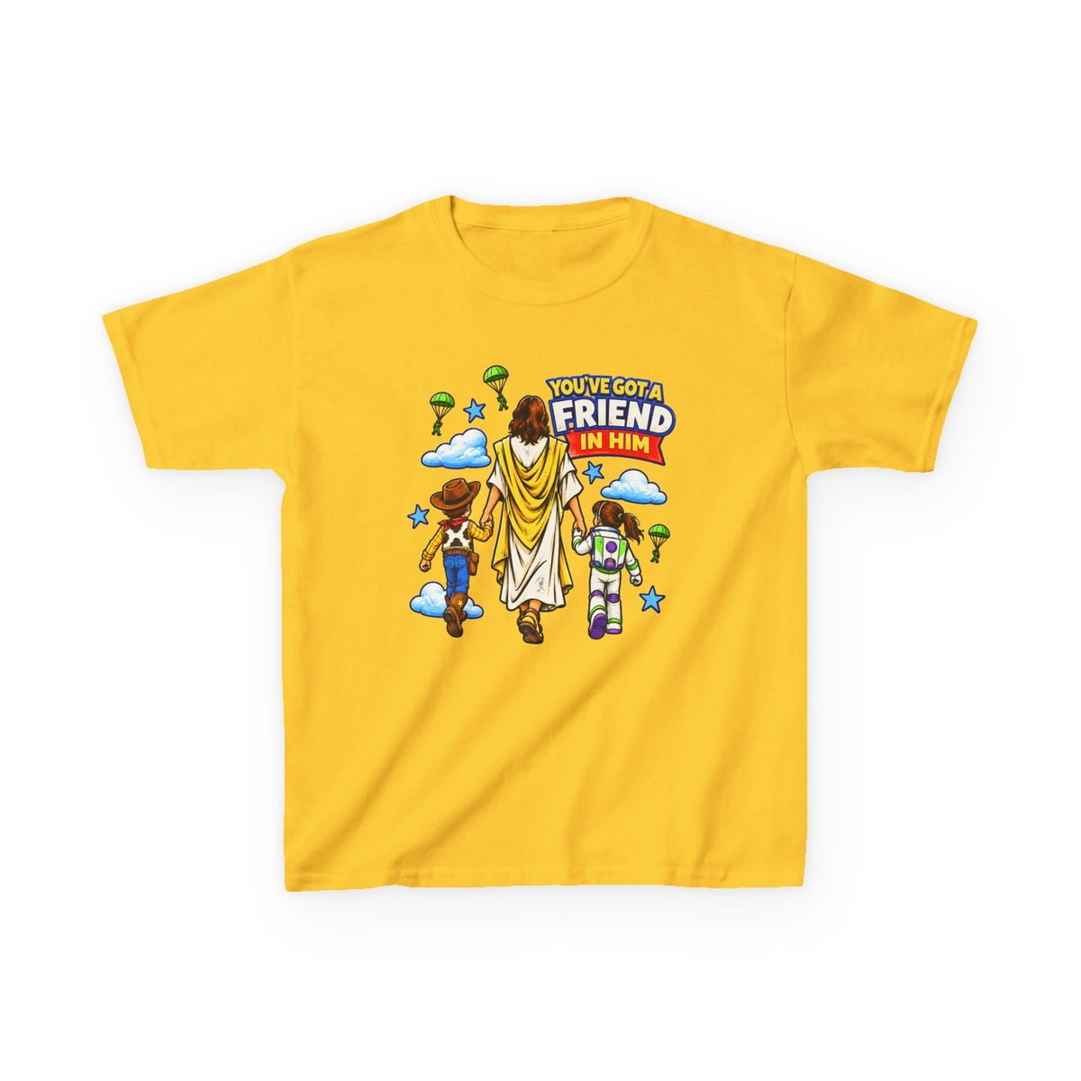 Kids Tee — "You've Gotta Friend in Him" Inspirational Jesus & Toy Friends Graphic