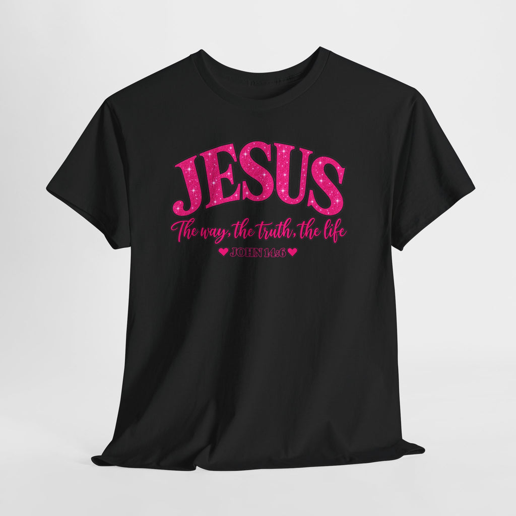 Christian T-Shirt — "JESUS The way, the truth, the life" (John 14:6) Pink Vintage Script