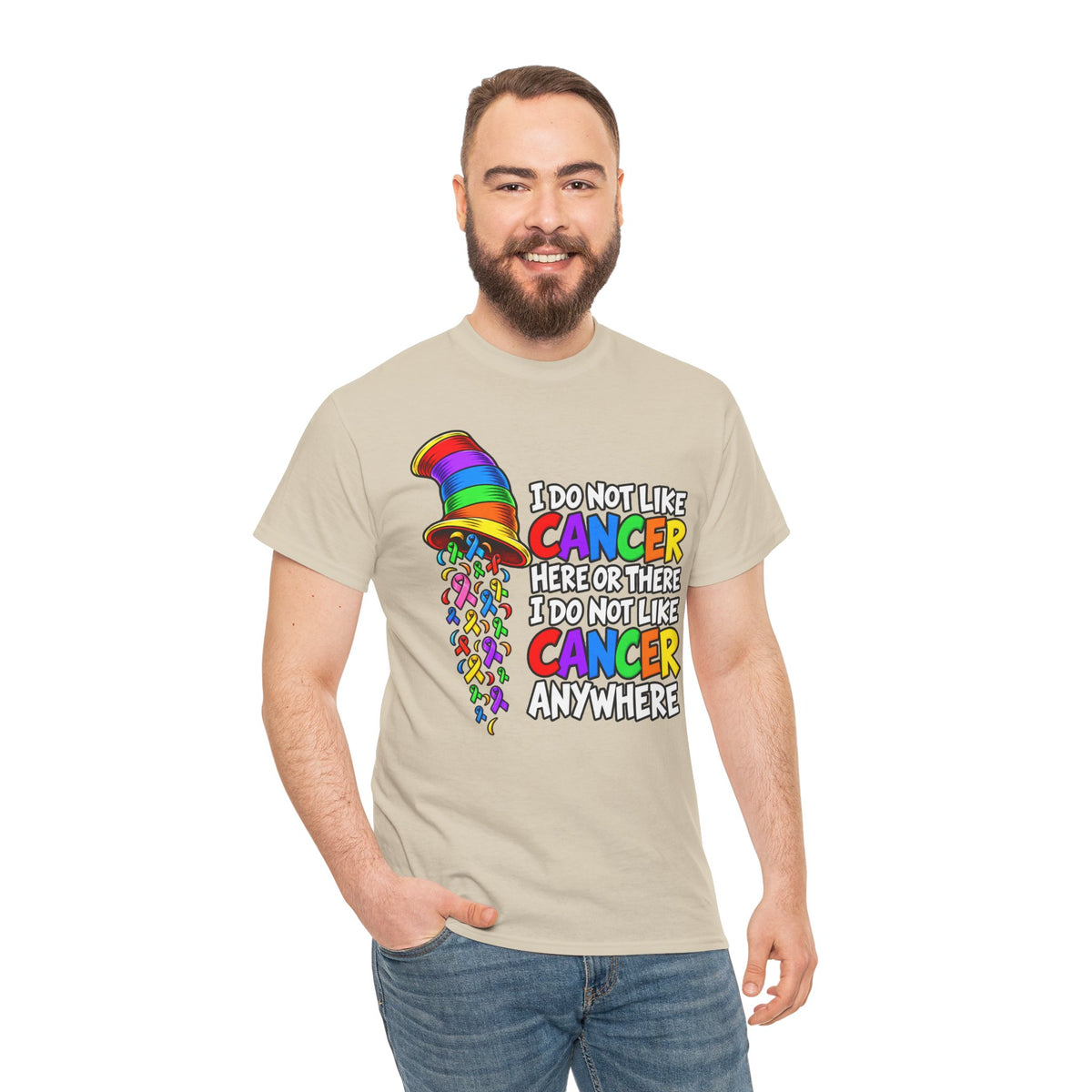 Cancer Awareness T-Shirt — “I Do Not Like Cancer Here or There” Rainbow Ribbon Tee