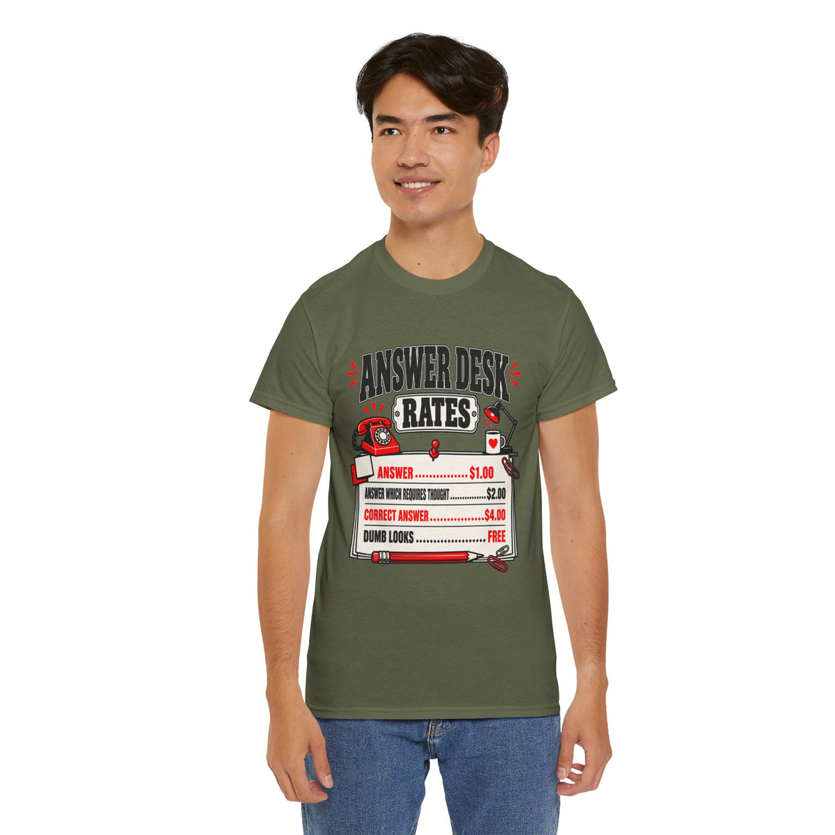 Answer Desk Rates T-Shirt — Funny Help Desk IT Support Tee ("Answer 1.00, Correct Answer 4.00")