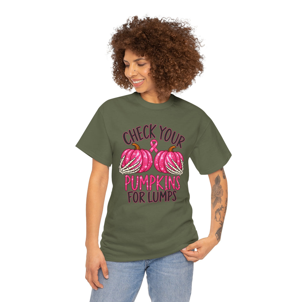 Breast Cancer Awareness T-Shirt — "Check Your Pumpkins for Lumps" Pink Ribbon Tee