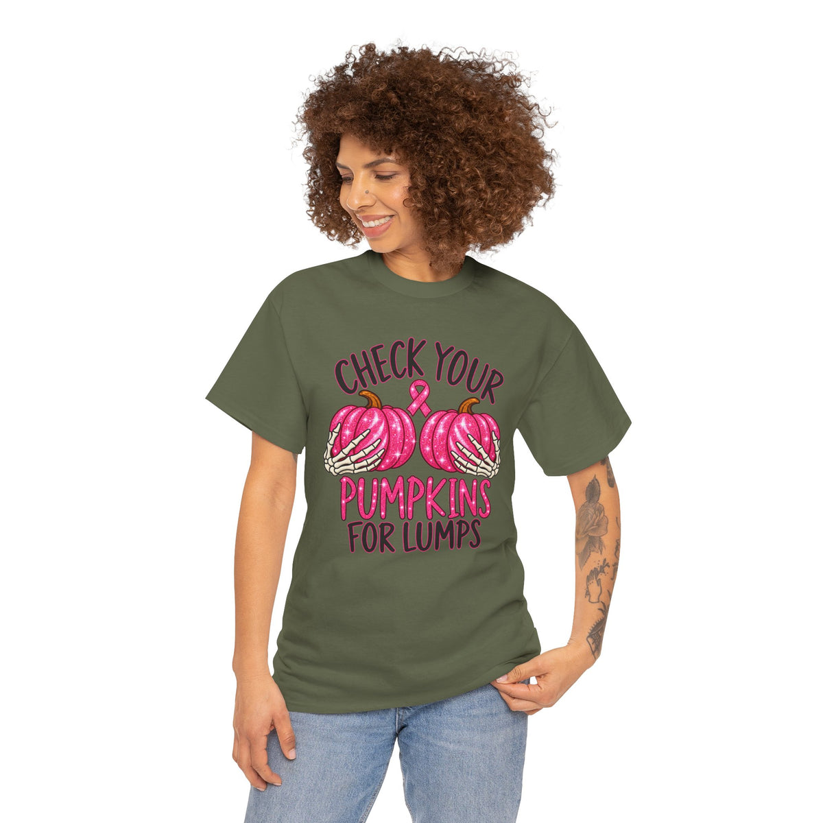 Breast Cancer Awareness T-Shirt — "Check Your Pumpkins for Lumps" Pink Ribbon Tee