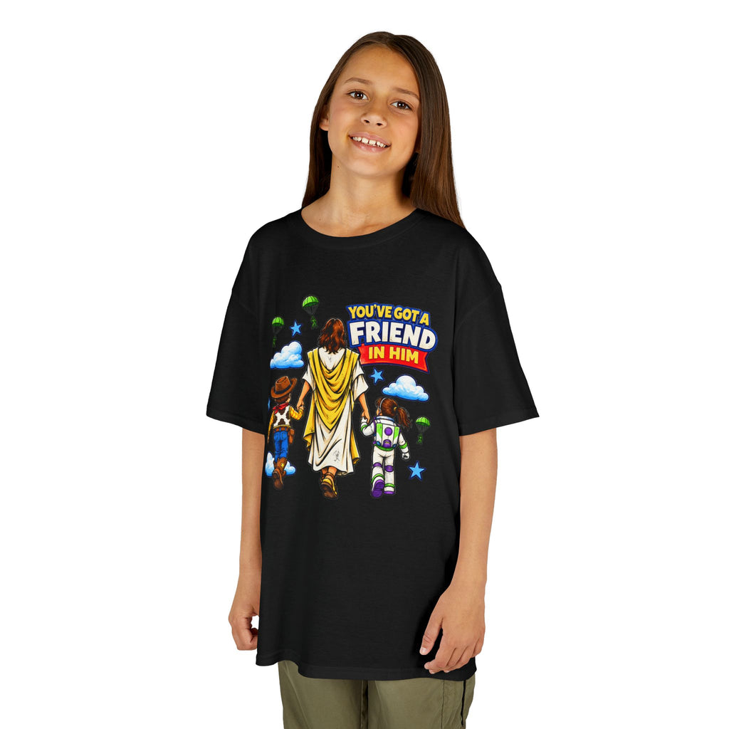 Kids Tee — "You've Gotta Friend in Him" Inspirational Jesus & Toy Friends Graphic
