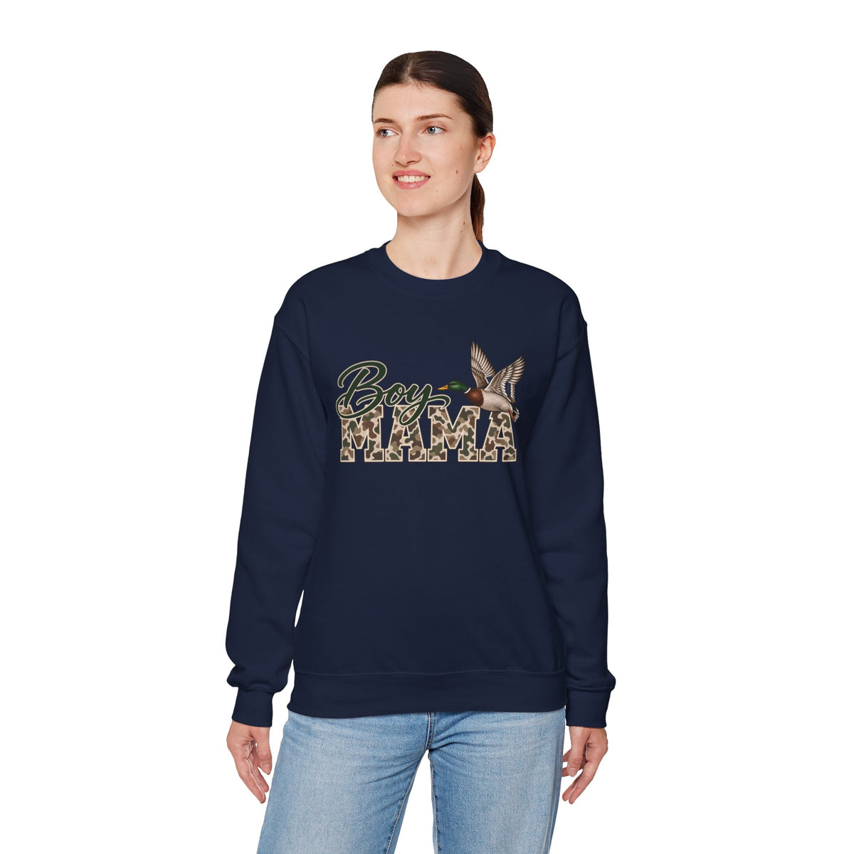 Boy Mama Crewneck Sweatshirt — Camo Lettering with Flying Duck