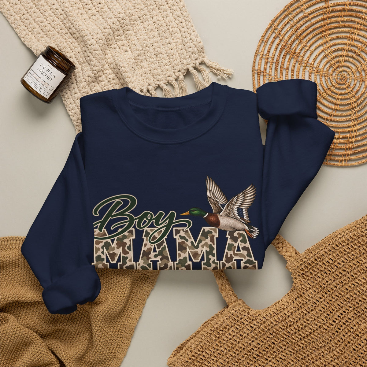 Boy Mama Crewneck Sweatshirt — Camo Lettering with Flying Duck