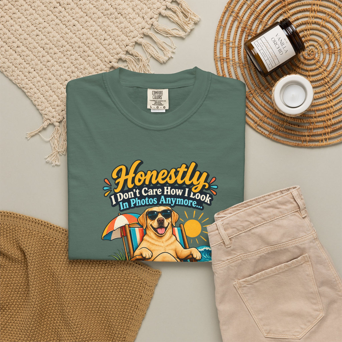 Honestly I Don’t Care How I Look In Photos Anymore T-Shirt — Funny Beach Dog Graphic Tee