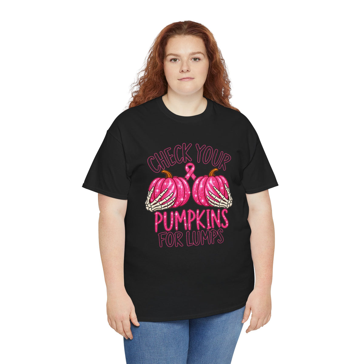 Breast Cancer Awareness T-Shirt — "Check Your Pumpkins for Lumps" Pink Ribbon Tee
