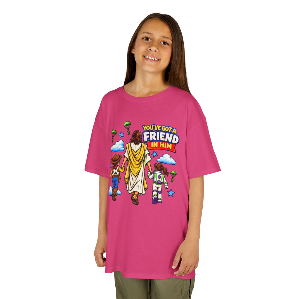 Kids Tee — "You've Gotta Friend in Him" Inspirational Jesus & Toy Friends Graphic