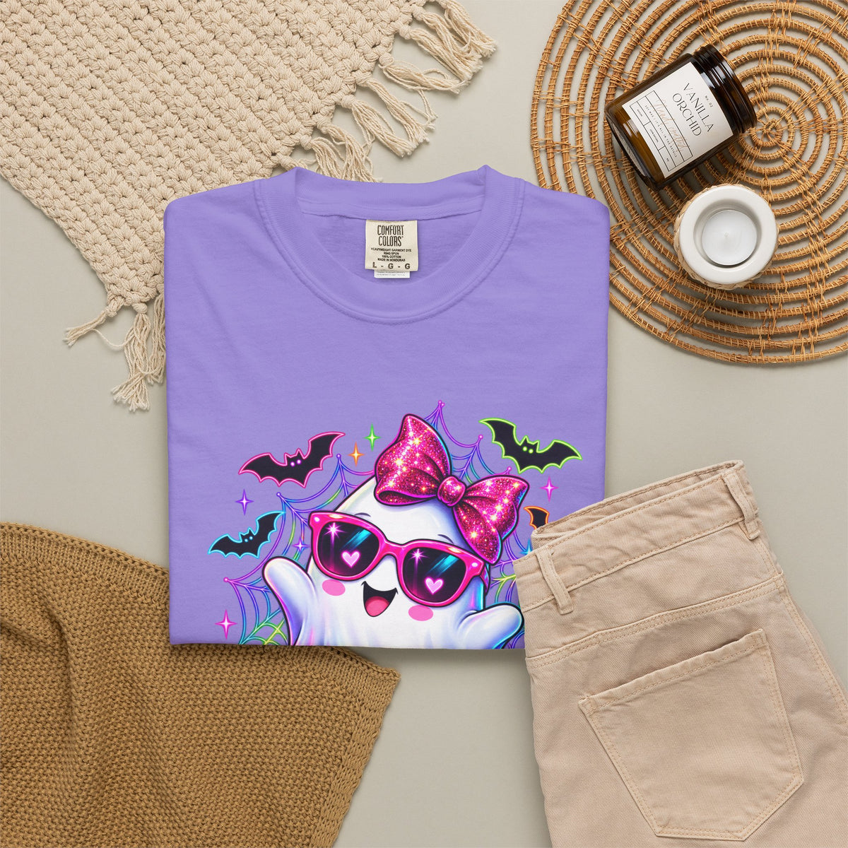 Cute Halloween Ghost T-Shirt — Pink Bow Ghost with Sunglasses & Pumpkins