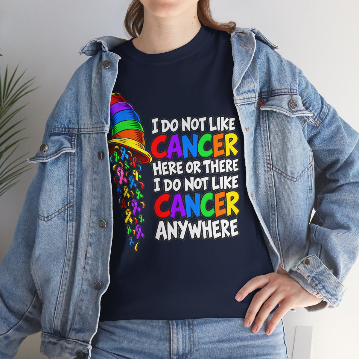 Cancer Awareness T-Shirt — “I Do Not Like Cancer Here or There” Rainbow Ribbon Tee