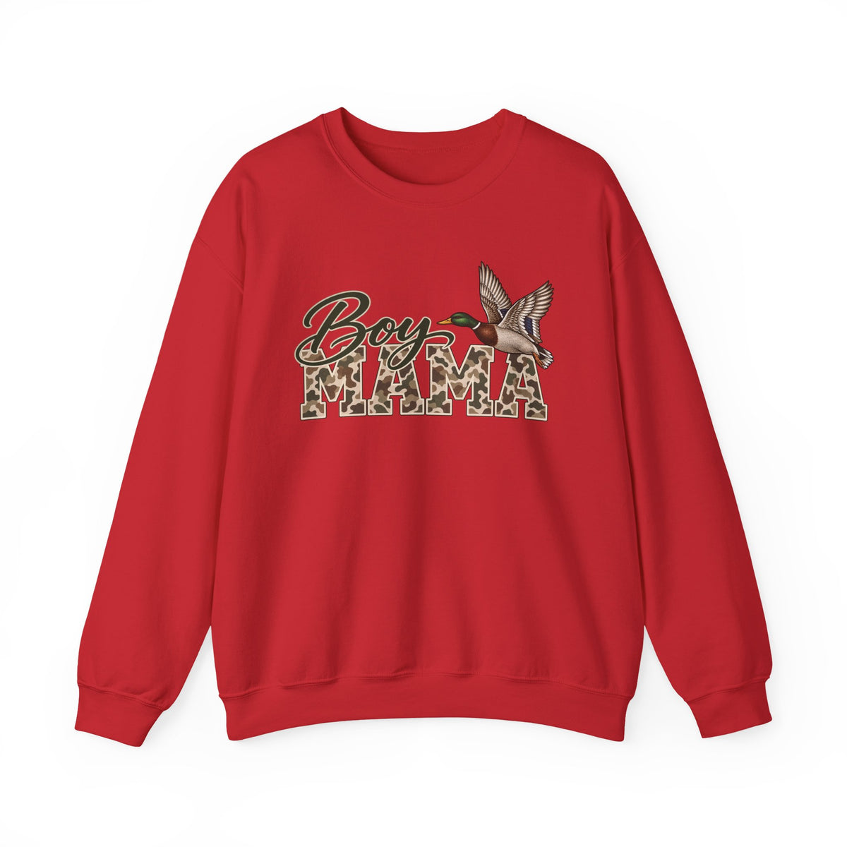 Boy Mama Crewneck Sweatshirt — Camo Lettering with Flying Duck