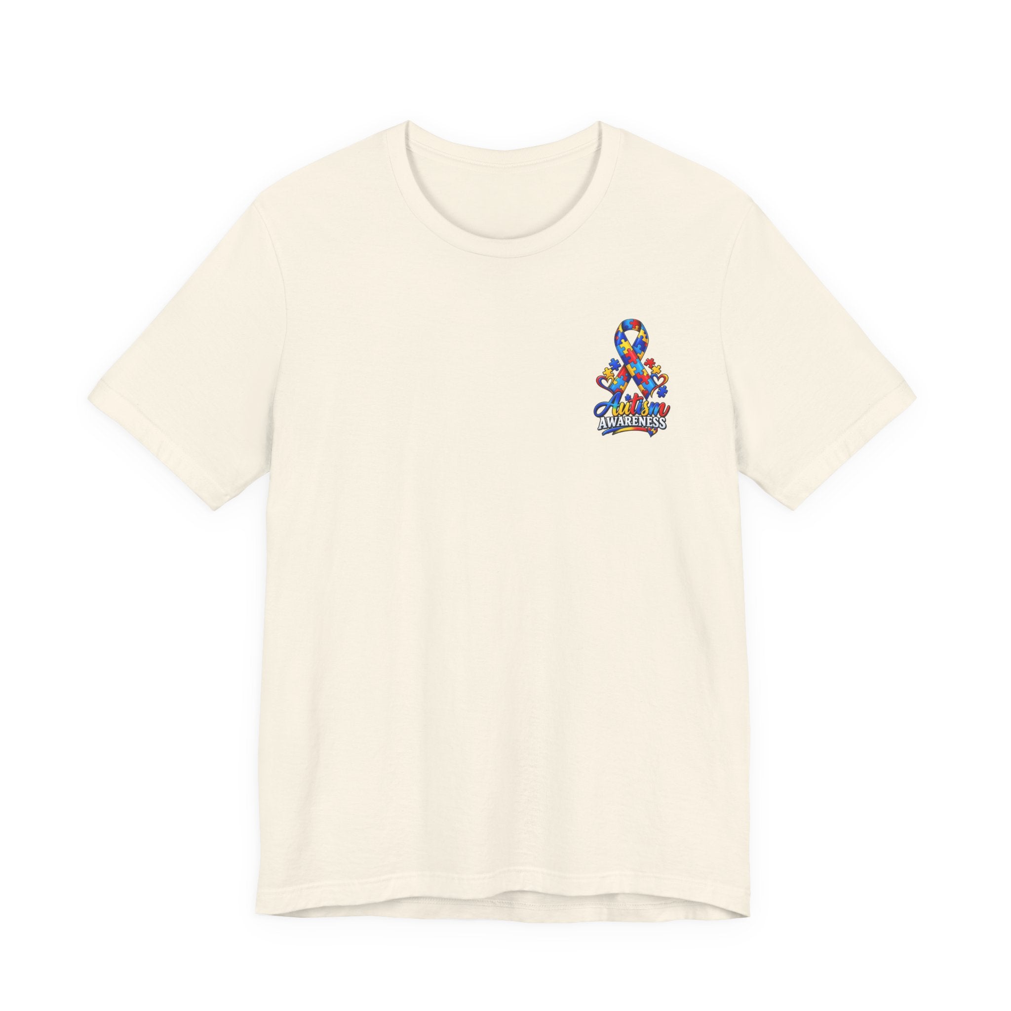 Autism Awareness Ribbon Chest Tee — 'Different, Not Less' Short Sleeve T-Shirt