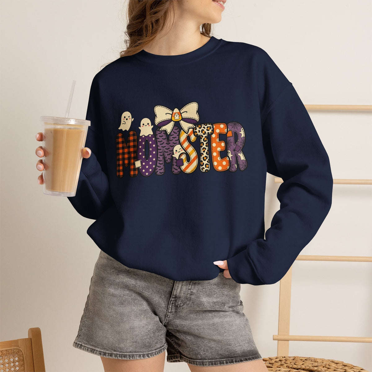 Momster Halloween Sweater | Momster Crewneck Sweatshirt, Halloween mom, purple orange spooky lettering