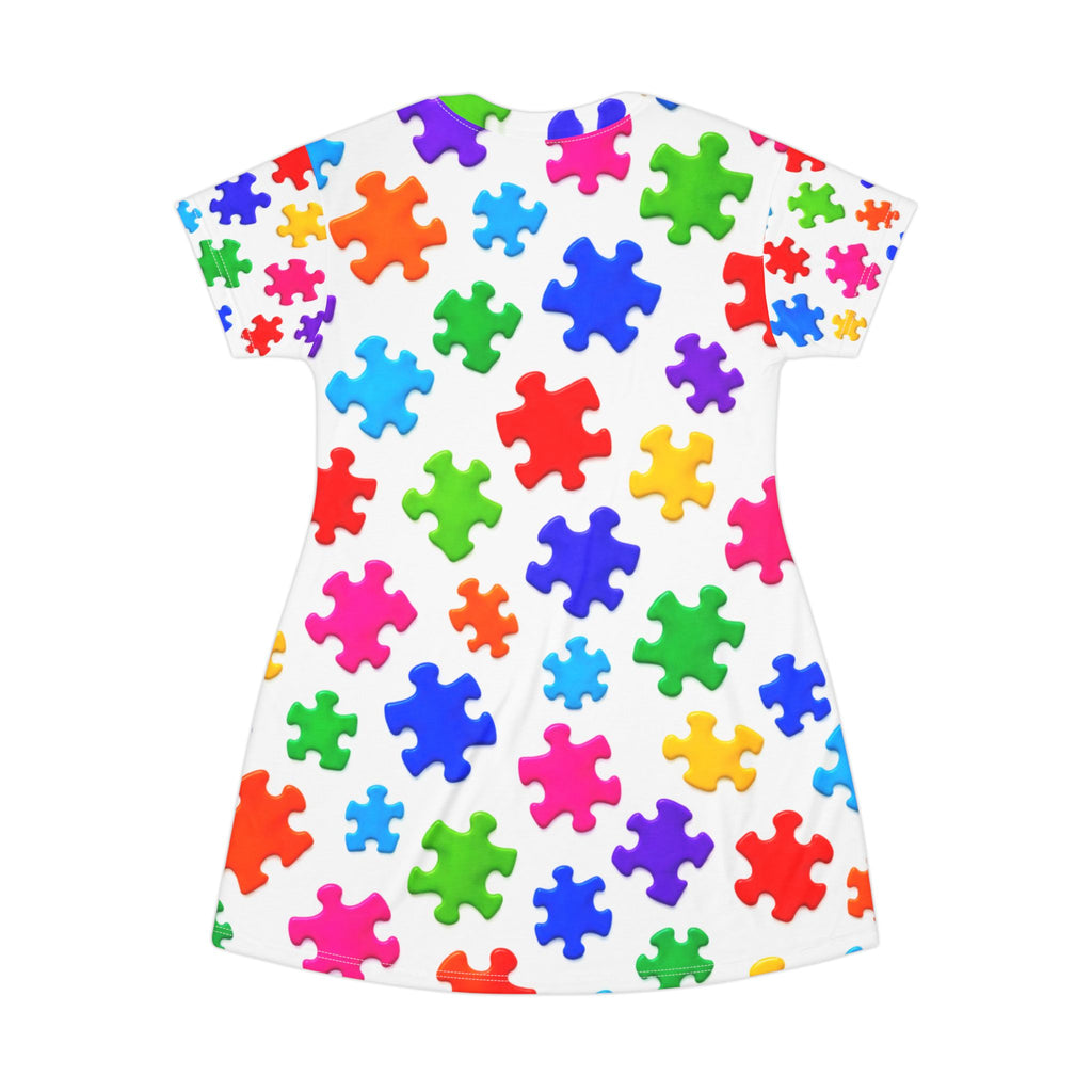 Puzzle Piece Print T‑Shirt Dress — Colorful Autism Awareness AOP Dress