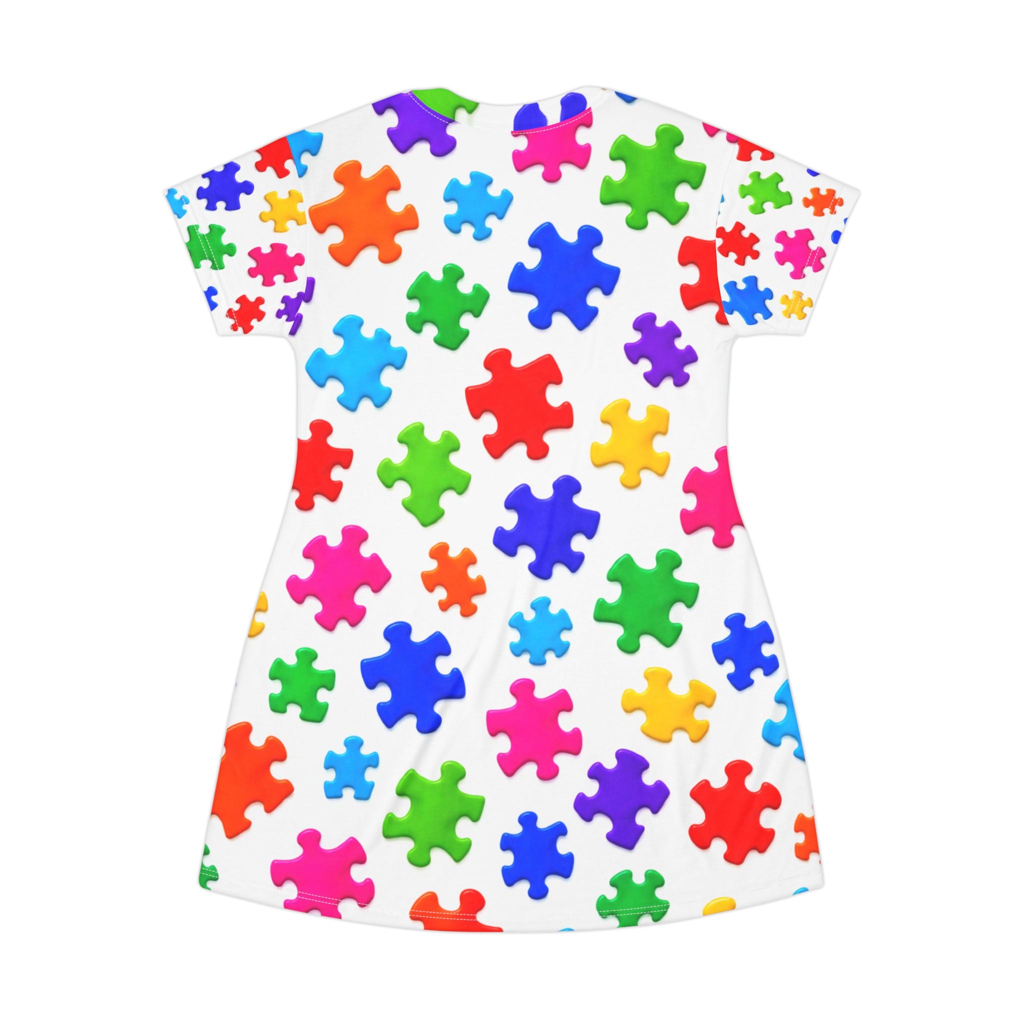 Puzzle Piece Print T‑Shirt Dress — Colorful Autism Awareness AOP Dress