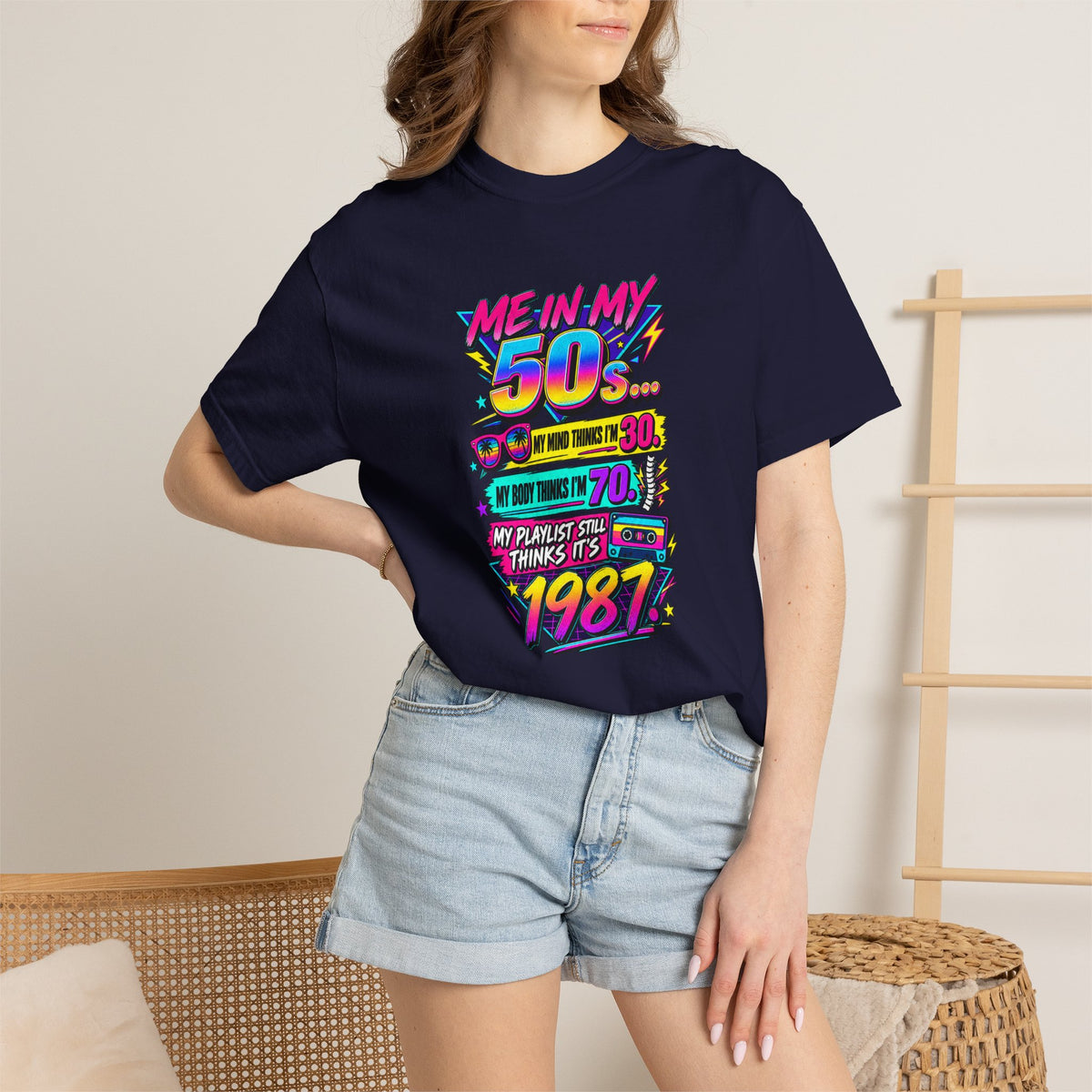 50th Birthday T-Shirt — "Me in My 50s... My Playlist Still Thinks It’s 1987" Retro Graphic Tee