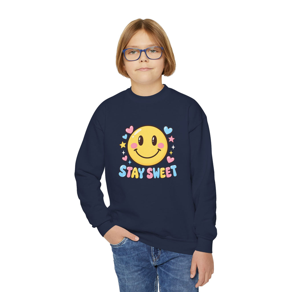 Youth Crewneck Sweatshirt — Cute Smiley "Stay Sweet" Graphic, Kids Cozy Pullover
