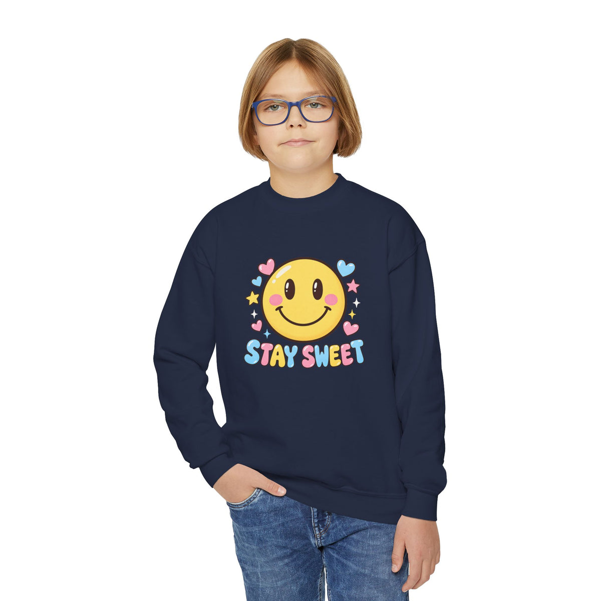 Youth Crewneck Sweatshirt — Cute Smiley "Stay Sweet" Graphic, Kids Cozy Pullover