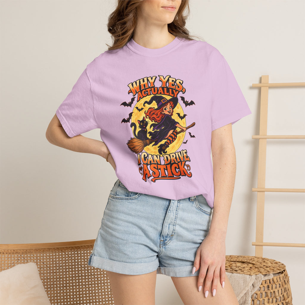 Witch Broom Halloween T-Shirt — "Why Yes Actually I Can Drive A Stick"