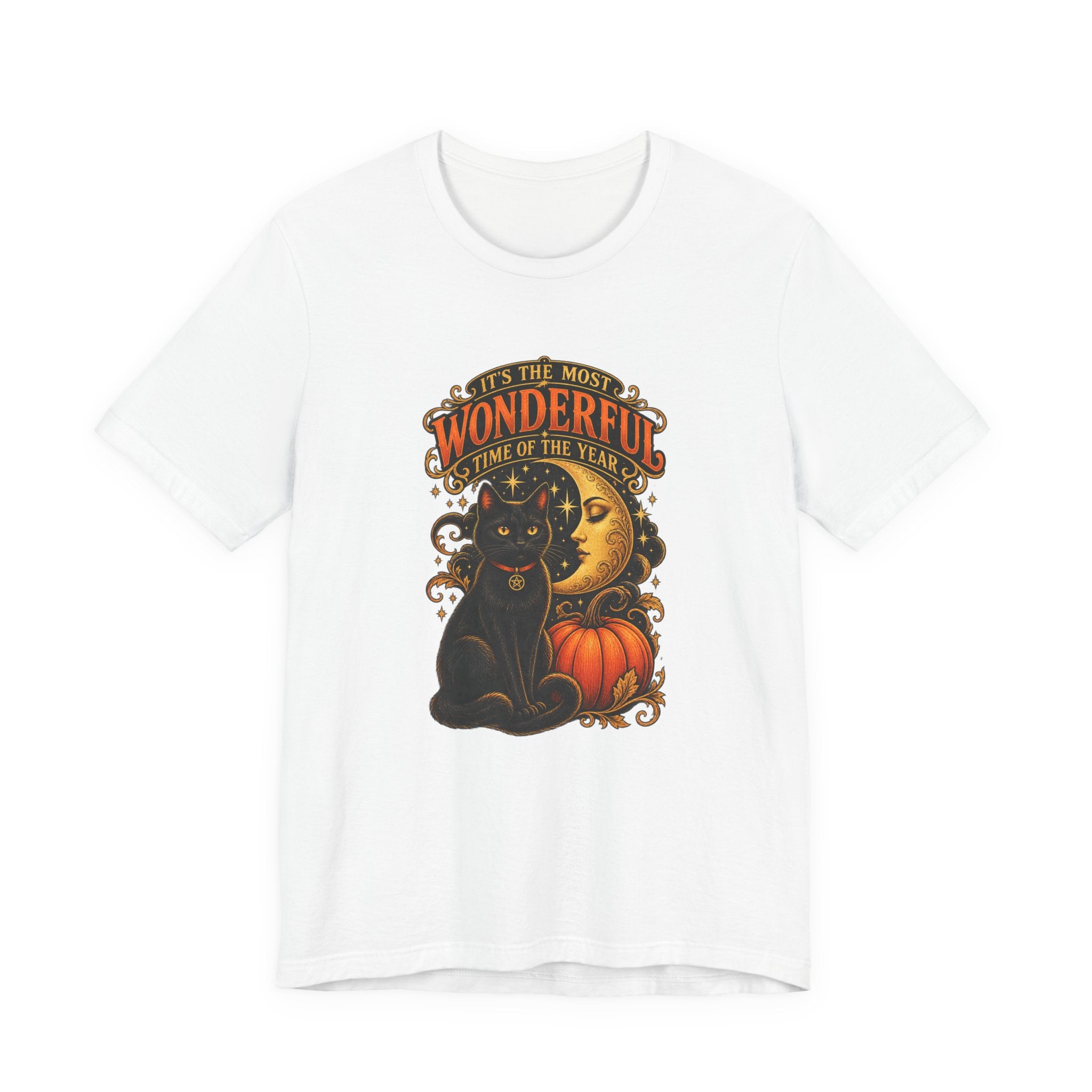 Halloween Cat Tee — "It's the Most Wonderful Time of the Year" Pumpkin & Moon Shirt