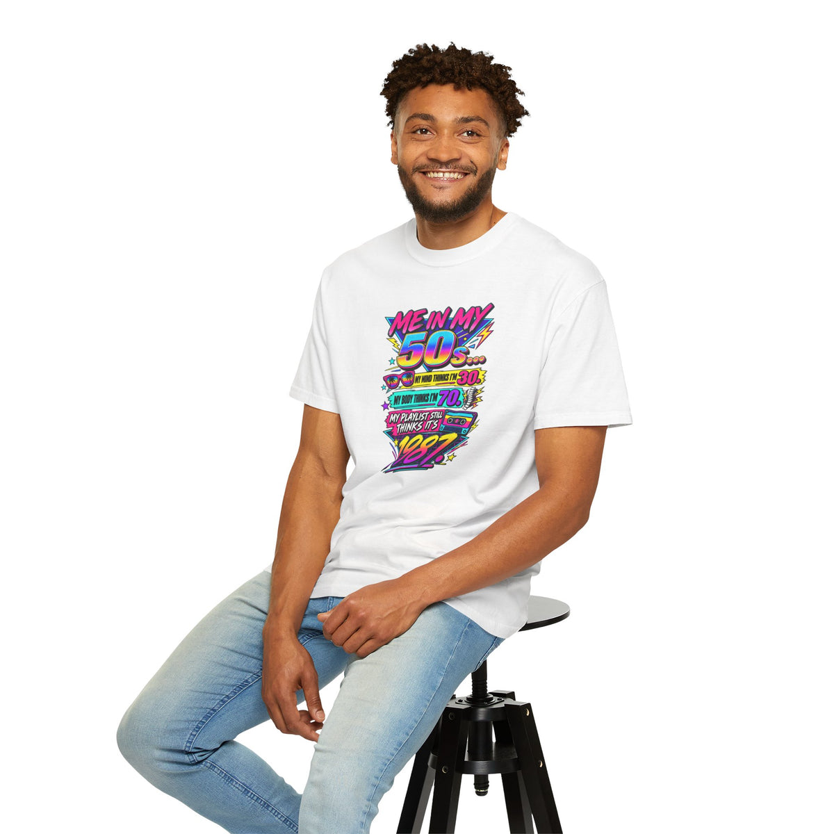 50th Birthday T-Shirt — "Me in My 50s... My Playlist Still Thinks It’s 1987" Retro Graphic Tee