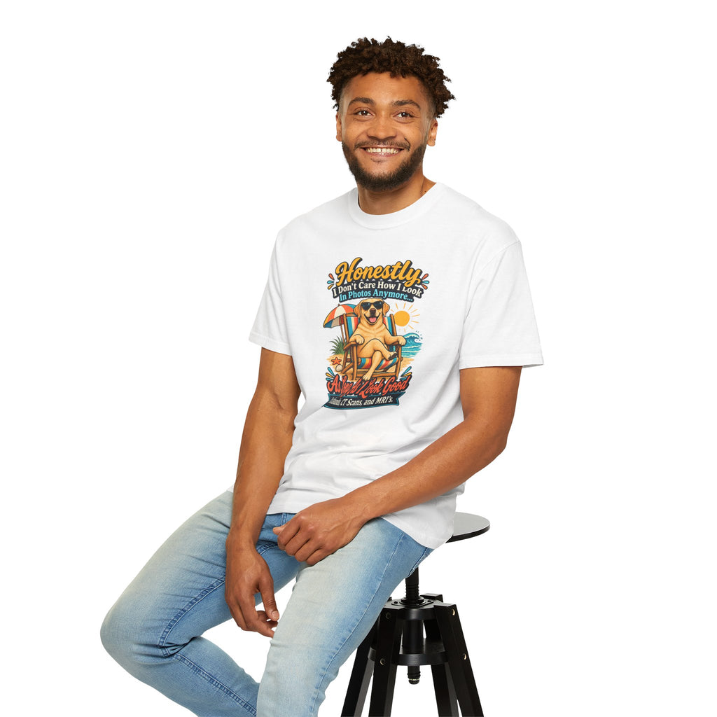 Honestly I Don’t Care How I Look In Photos Anymore T-Shirt — Funny Beach Dog Graphic Tee