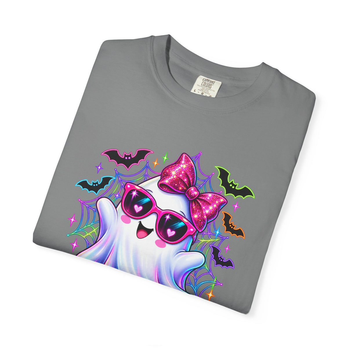 Cute Halloween Ghost T-Shirt — Pink Bow Ghost with Sunglasses & Pumpkins