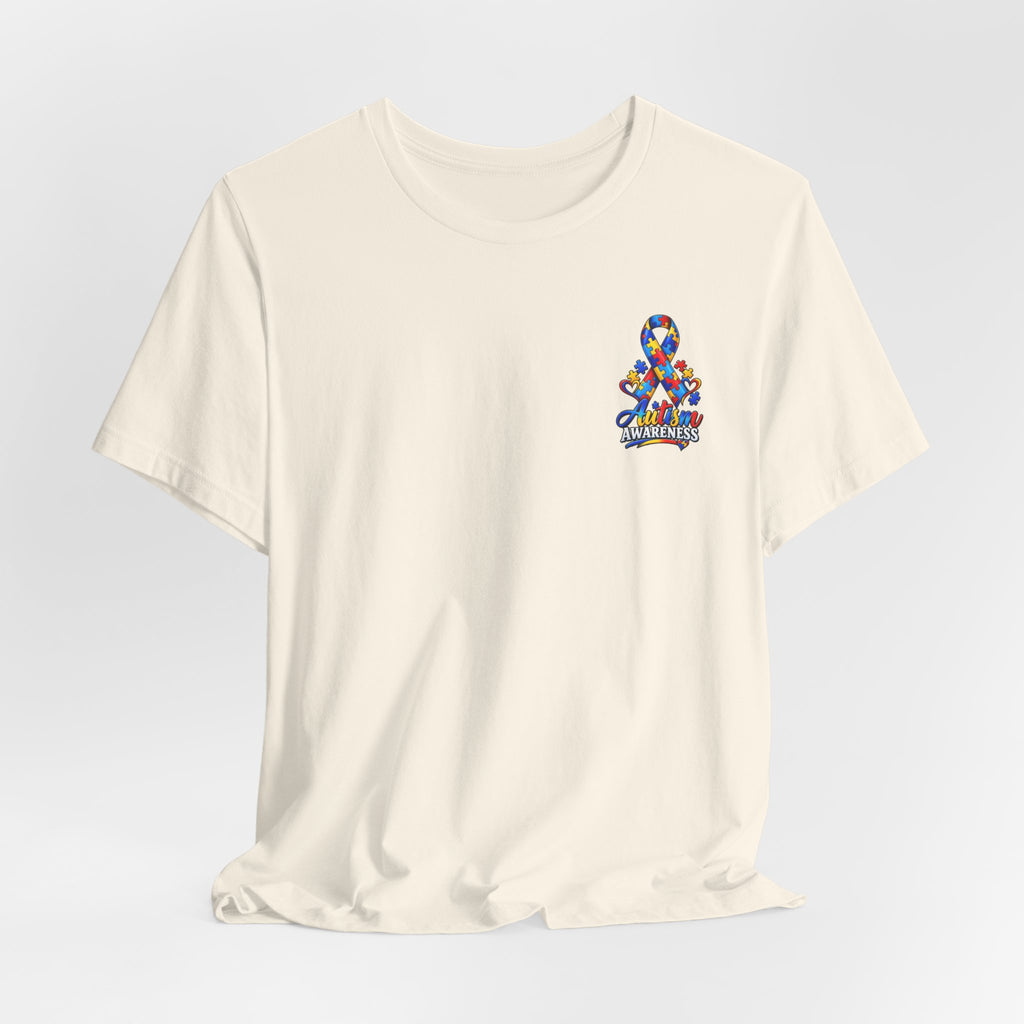Autism Awareness Ribbon Chest Tee — 'Different, Not Less' Short Sleeve T-Shirt