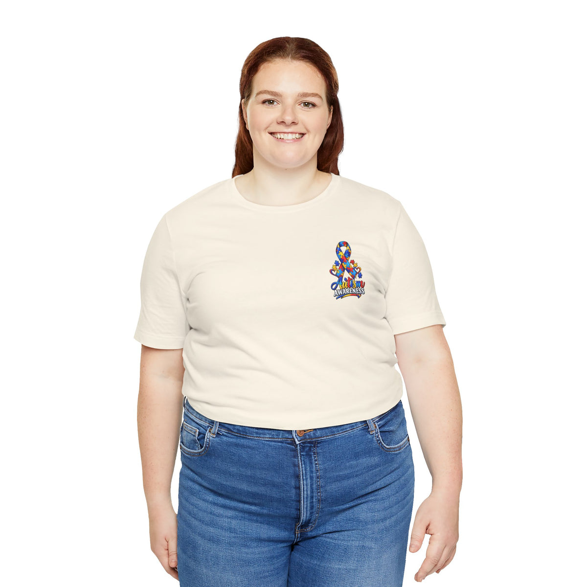 Autism Awareness Ribbon Chest Tee — 'Different, Not Less' Short Sleeve T-Shirt