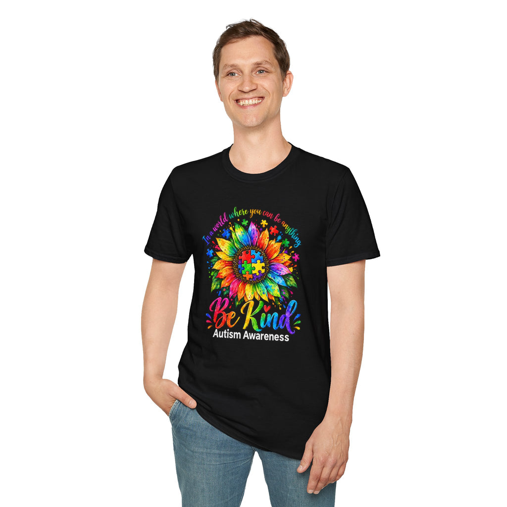 Autism Awareness Sunflower T-Shirt — 'Be Kind' Rainbow Puzzle Design
