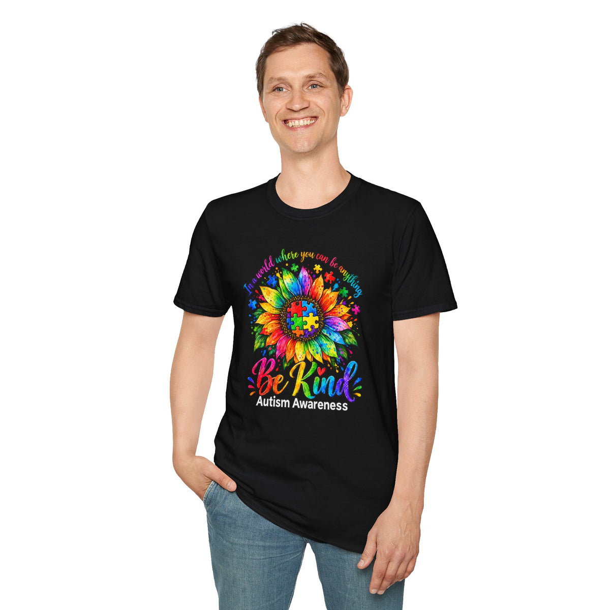 Autism Awareness Sunflower T-Shirt — 'Be Kind' Rainbow Puzzle Design