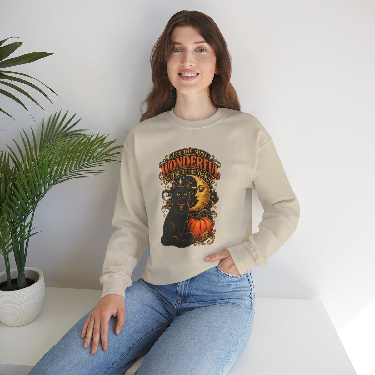 Vintage Halloween Sweatshirt - "It's the Most Wonderful Time of the Year" Black Cat & Moon Design