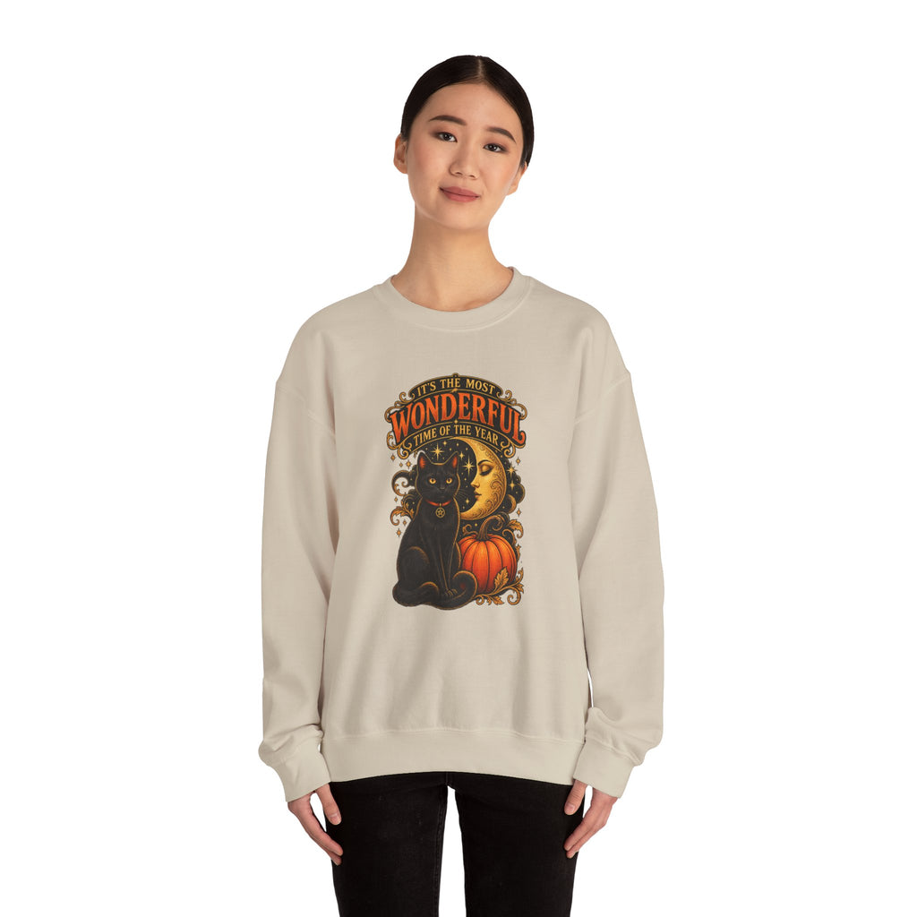 Vintage Halloween Sweatshirt - "It's the Most Wonderful Time of the Year" Black Cat & Moon Design
