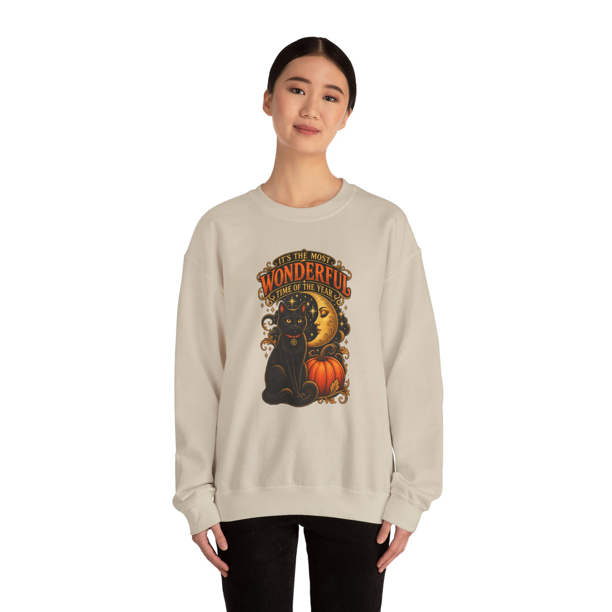 Vintage Halloween Sweatshirt - "It's the Most Wonderful Time of the Year" Black Cat & Moon Design