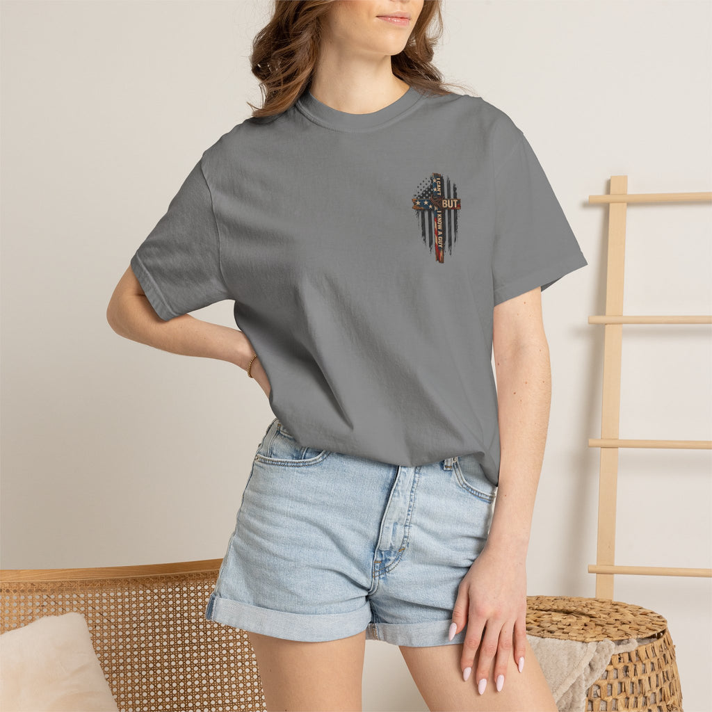 T-Shirt — 'I Can't But I Know A Guy' American Flag Cross Graphic