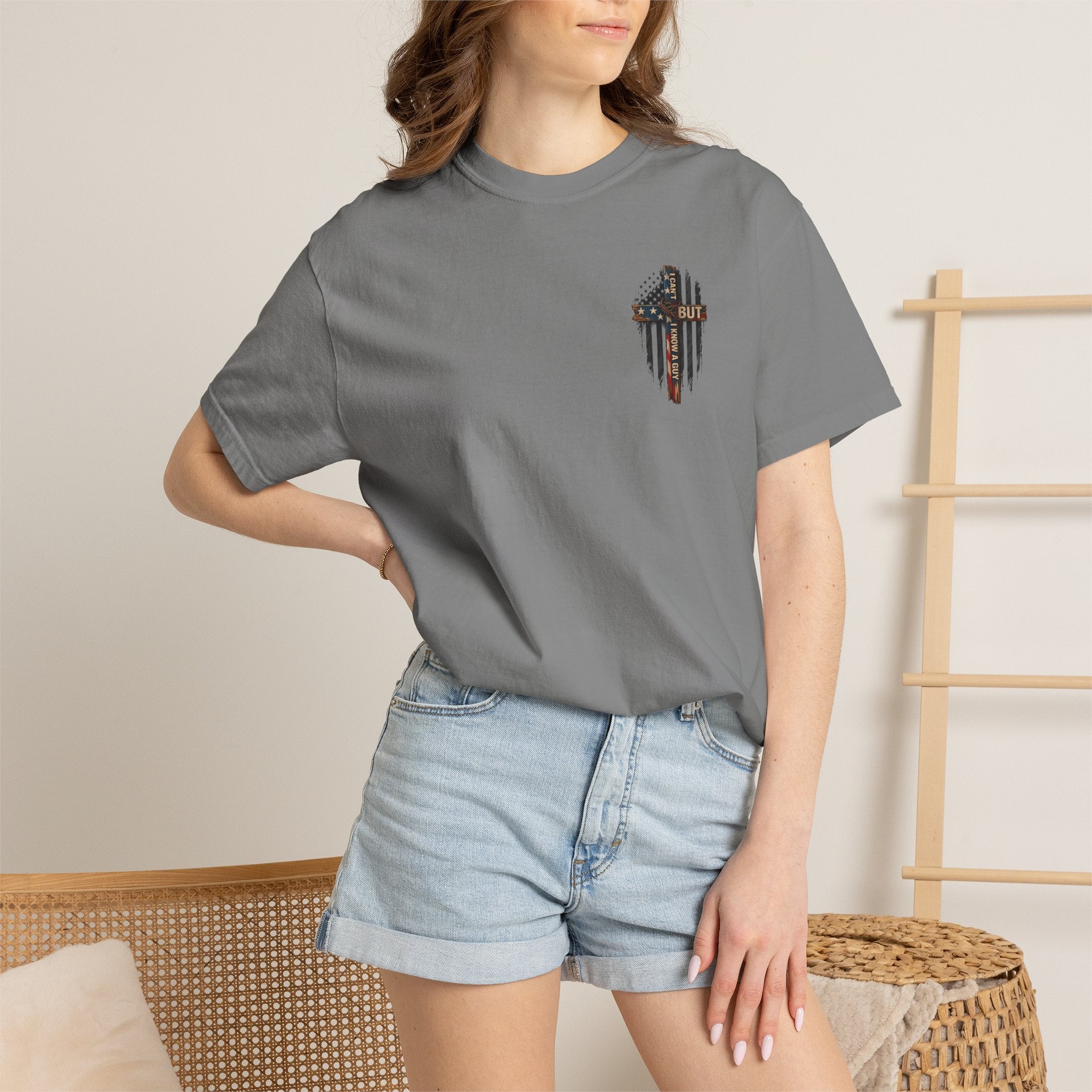 T-Shirt — 'I Can't But I Know A Guy' American Flag Cross Graphic
