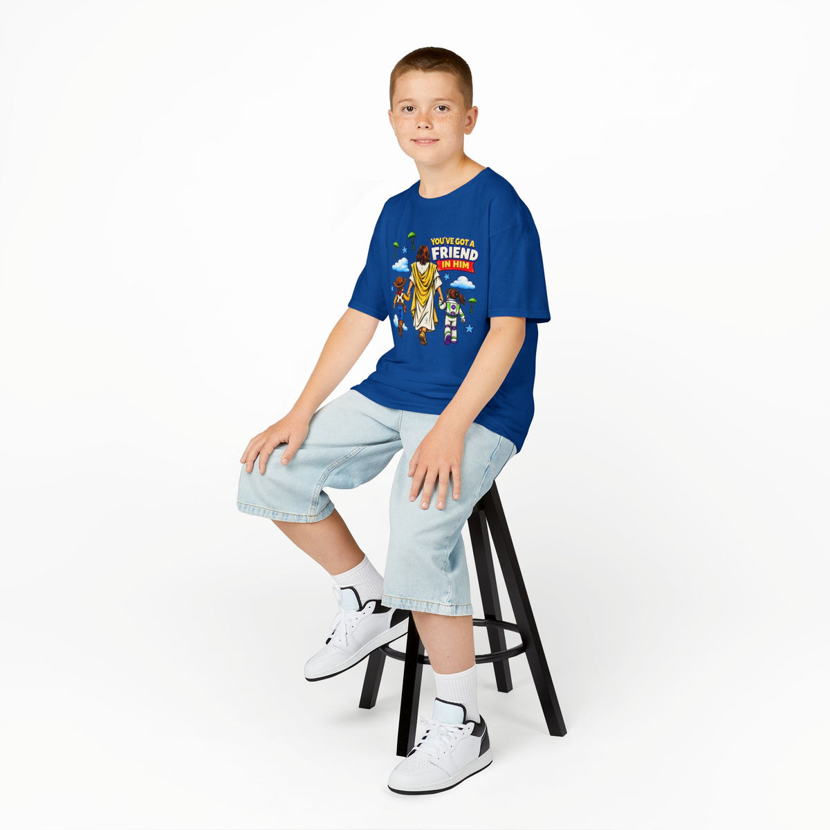 Kids Tee — "You've Gotta Friend in Him" Inspirational Jesus & Toy Friends Graphic