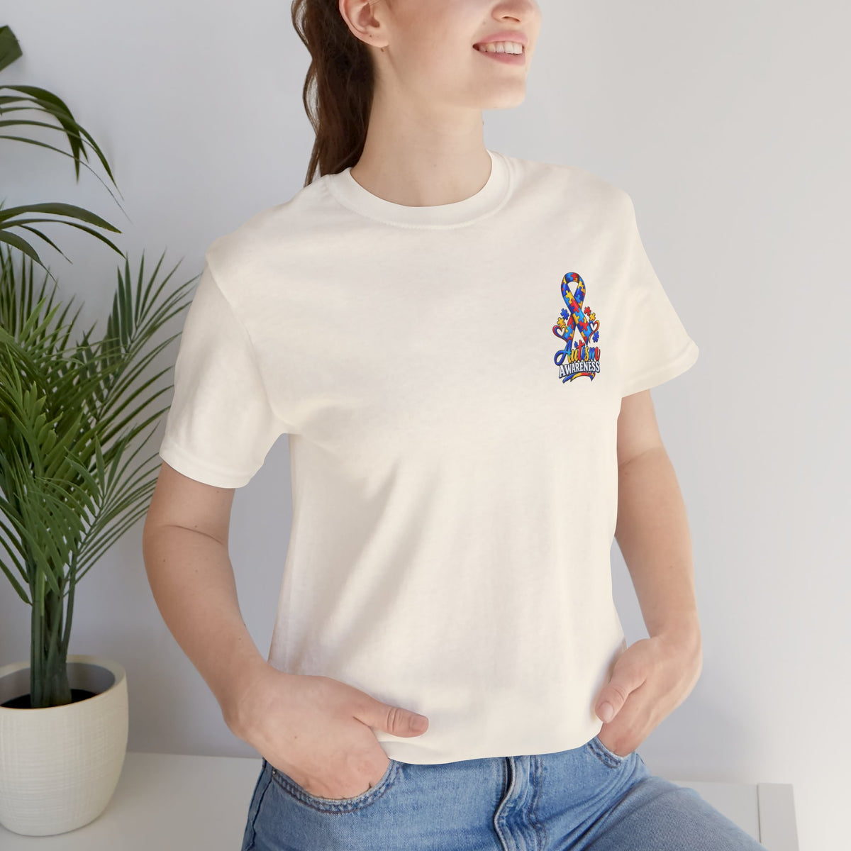 Autism Awareness Ribbon Chest Tee — 'Different, Not Less' Short Sleeve T-Shirt