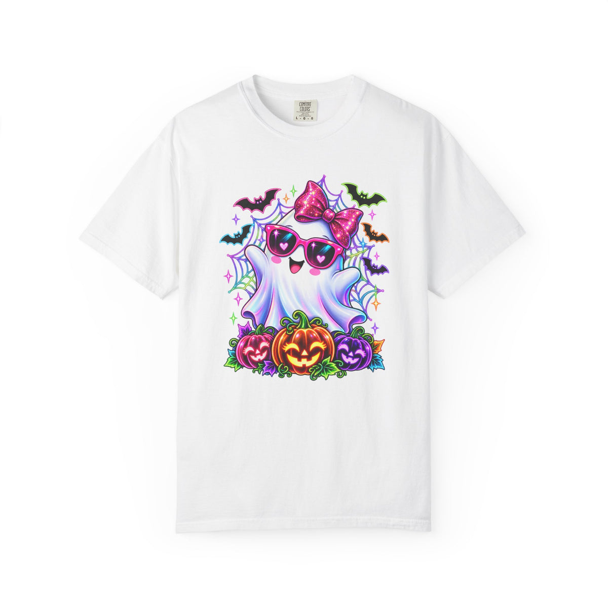 Cute Halloween Ghost T-Shirt — Pink Bow Ghost with Sunglasses & Pumpkins