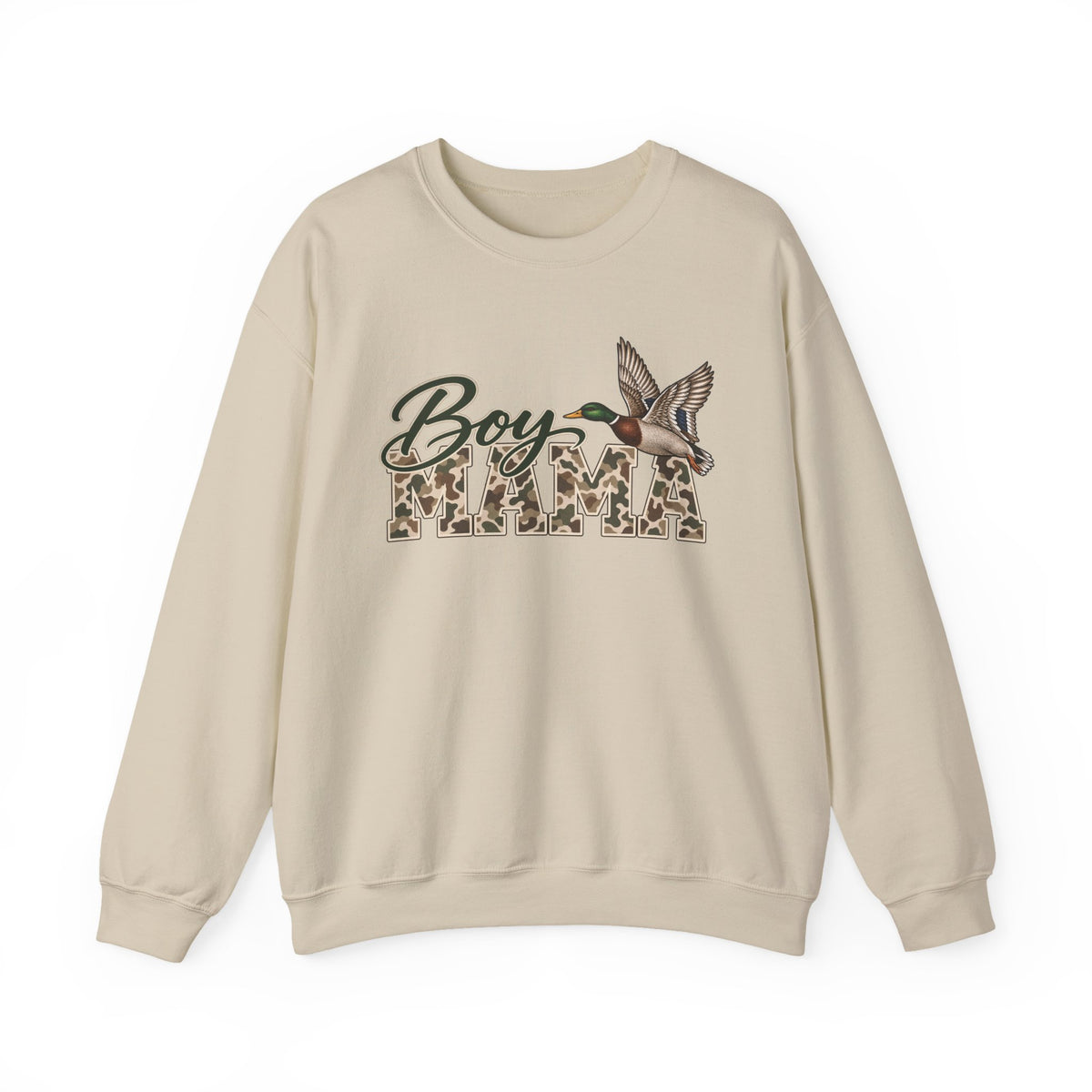 Boy Mama Crewneck Sweatshirt — Camo Lettering with Flying Duck