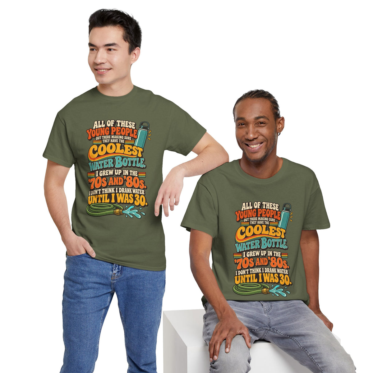 Retro 70s-80s Funny Water Bottle Tee — "Coolest Water Bottle" Graphic T-Shirt