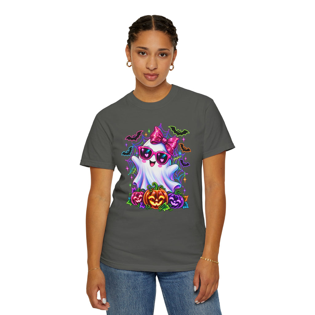 Cute Halloween Ghost T-Shirt — Pink Bow Ghost with Sunglasses & Pumpkins