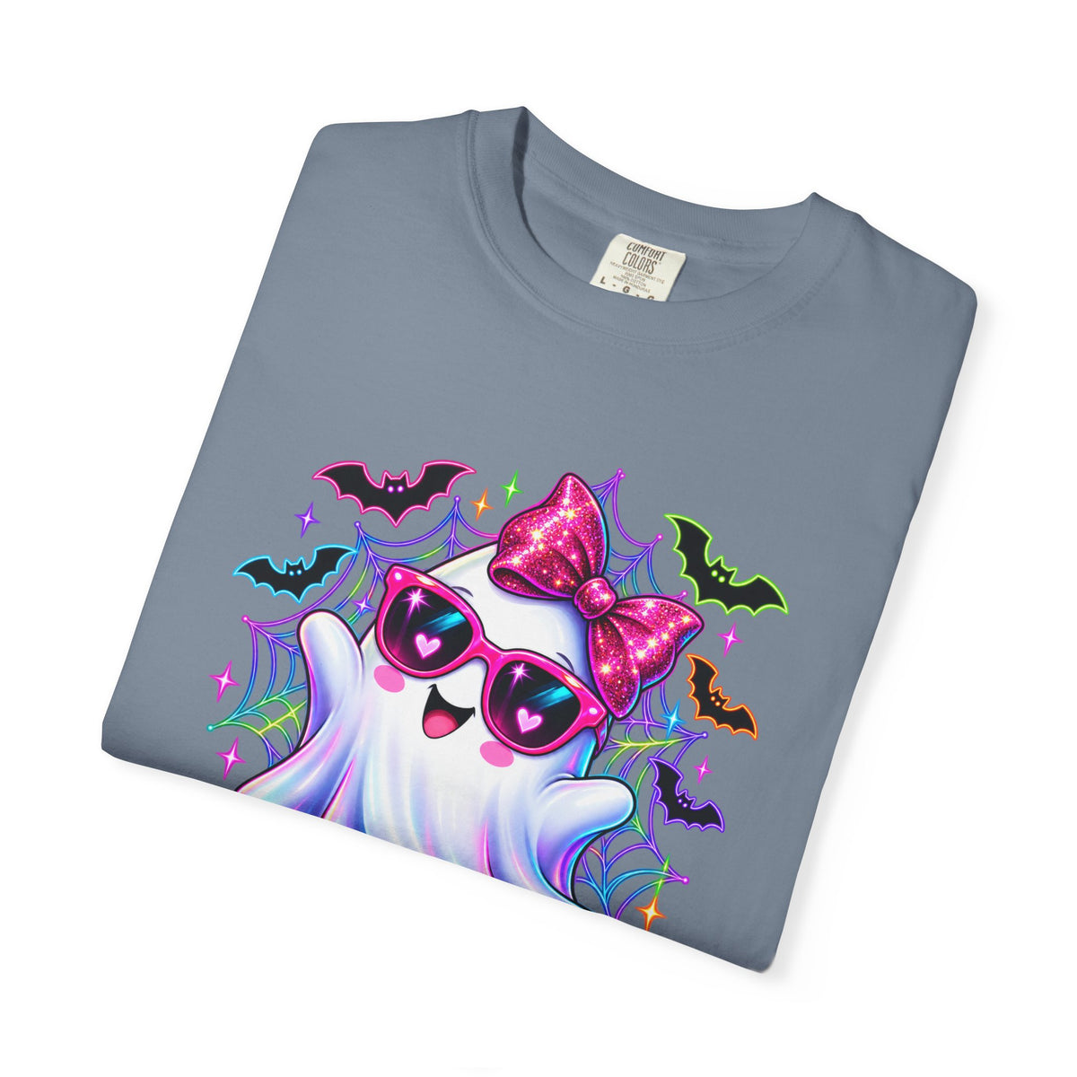 Cute Halloween Ghost T-Shirt — Pink Bow Ghost with Sunglasses & Pumpkins