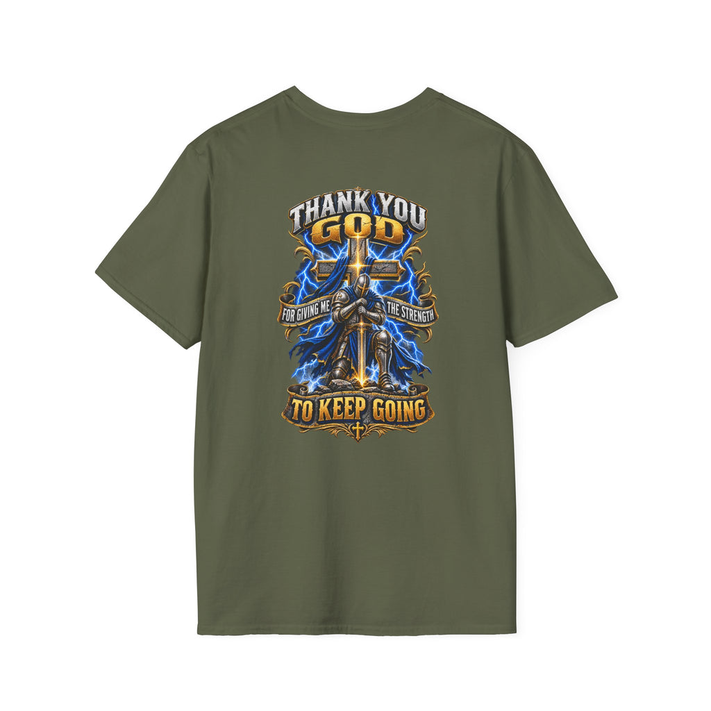 T-Shirt — "Thank You God I Keep Going" Faith Graphic Pocket Tee