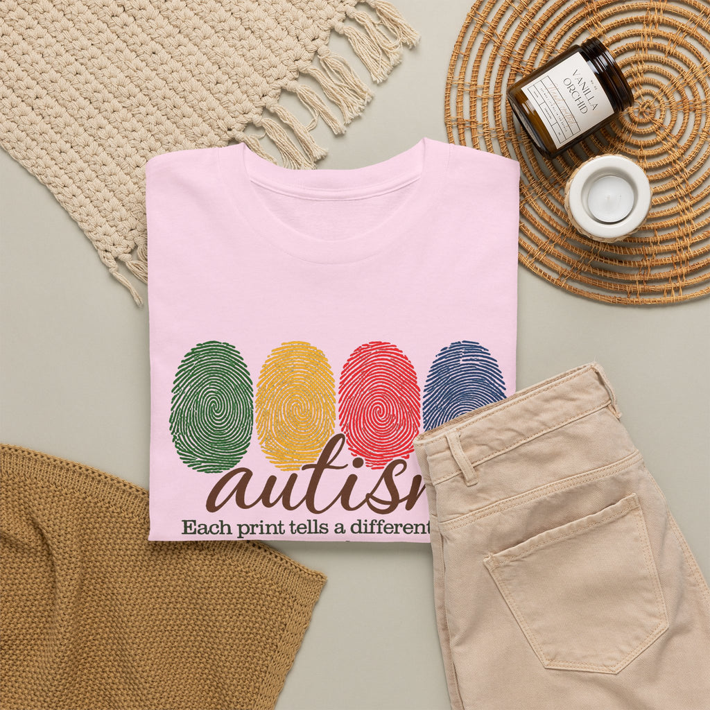 Autism Awareness T-Shirt — "Each Print Tells a Different Story" Colorful Fingerprint Tee
