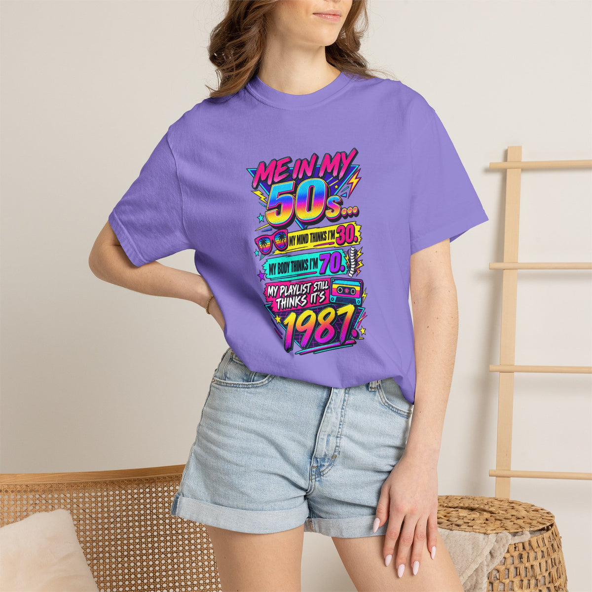 50th Birthday T-Shirt — "Me in My 50s... My Playlist Still Thinks It’s 1987" Retro Graphic Tee