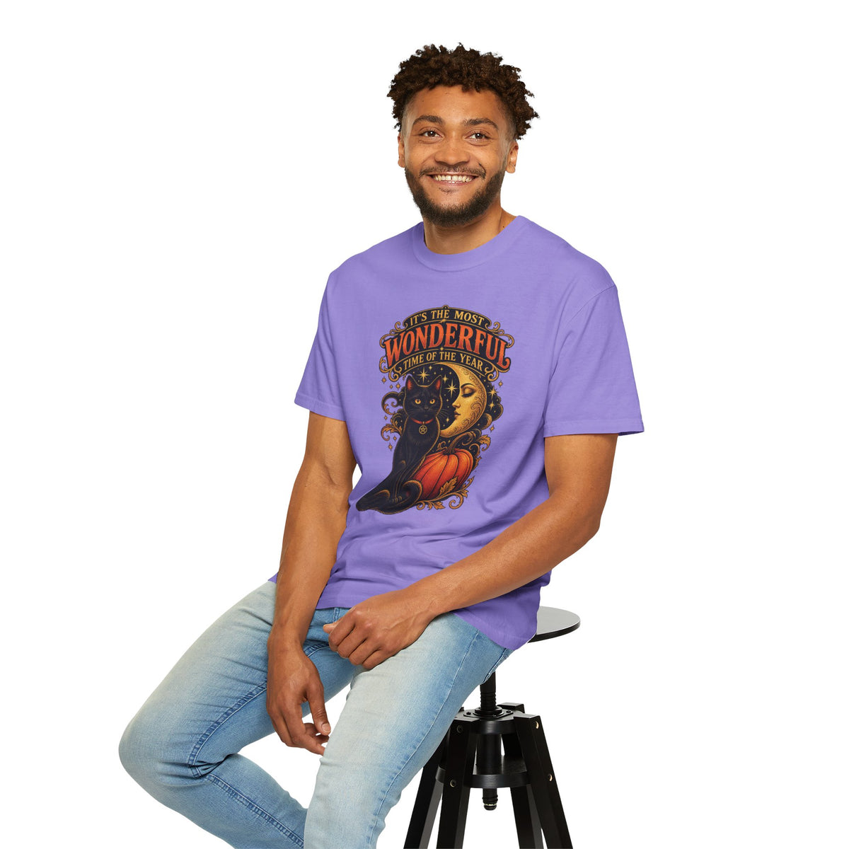 T-Shirt — "It's the Most Wonderful Time of the Year" Halloween Black Cat & Pumpkin