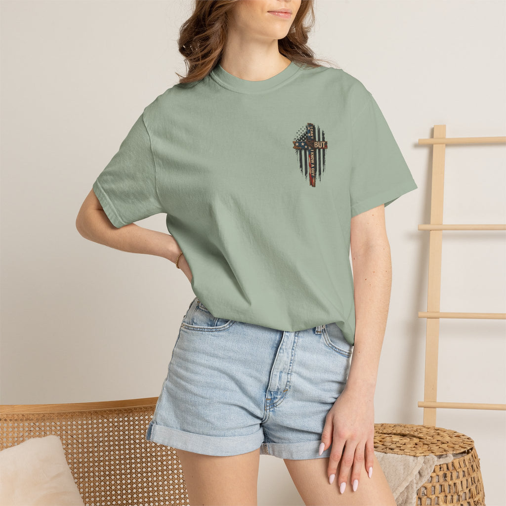T-Shirt — 'I Can't But I Know A Guy' American Flag Cross Graphic